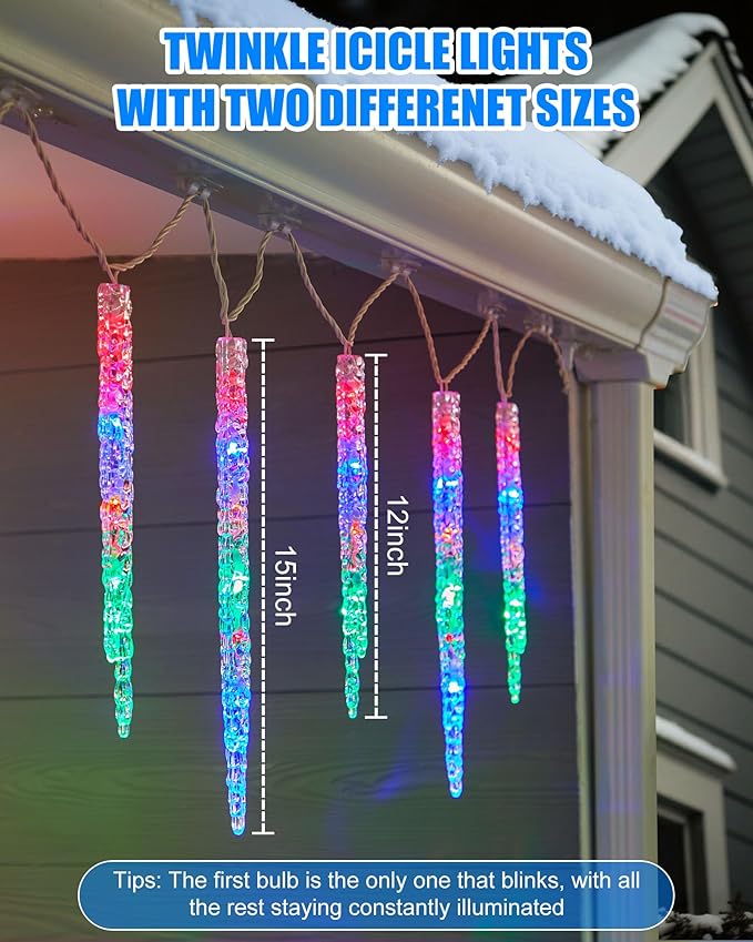 Minetom Icicle Lights Outdoor with Clips 20ft 100 LED 20 Tubes Twinkling Crystal Icicle String Connectable Waterproof Hanging Christmas Lights Plug in for Eave Outdoor Multicolor