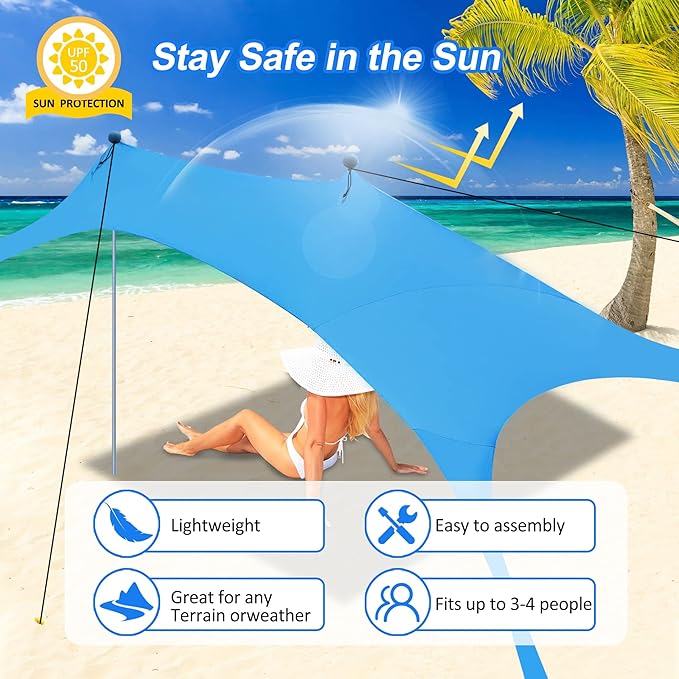 Beach Canopy Tent Sun Shade with UPF 50+ UV Protection Beach Tent Sun Shelter with Sandbags Poles and Ground Pegs and Anti-Wind Ropes for Outdoor Camping Backyard and Picnics