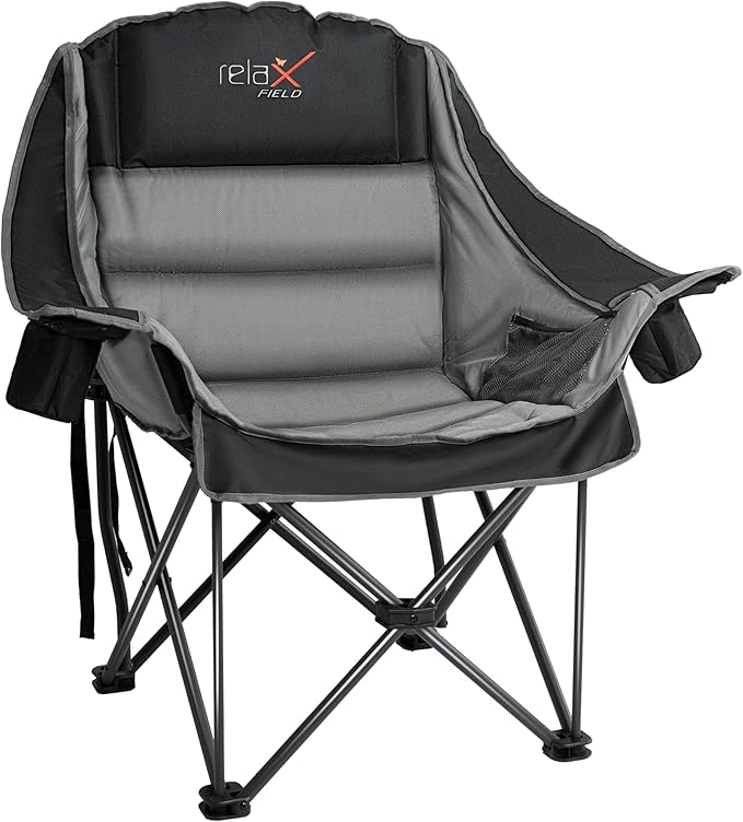 Oversized Camping Chair Portable Folding Padded Camp Chairs with Side Pocket Cup Holder Heavy Duty Support 500LBS Outdoor Lounge Chair for Adults Fishing Sports Trip Black