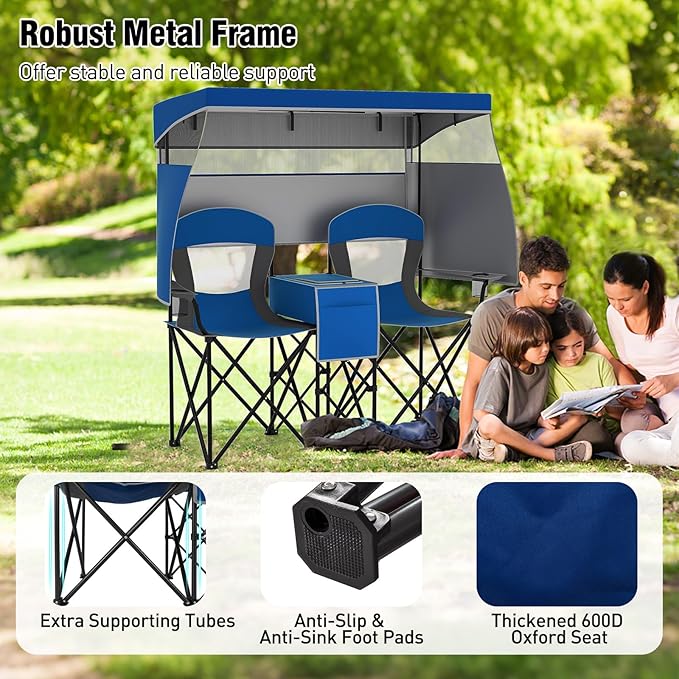 S AFSTAR Camping Chair with Canopy 2-Person Folding Beach Chair with Cup Holders 3-Side Shading Curtains &amp Cooler Bag Foldable Loveseat Lawn Chair for Camping Outdoor &amp Fishing (Navy Blue)