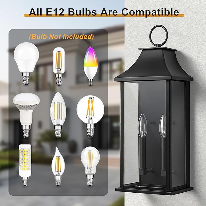 Outdoor Wall Lights Dusk to Dawn Waterproof Outside Wall Sconce Large Modern Wall Fixture with Glass Exterior Lamp for House Porch Garage 2-Light (20.6 Inch Black)