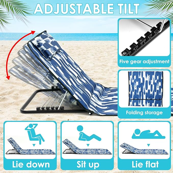 Sunbathing Recliner Portable Beach Mat Portable Beach Lounger Chair Sunbathing Lounge Chaise Oxford Cloth Beach Sun Chair Mat for Holidays Garden Camping Park