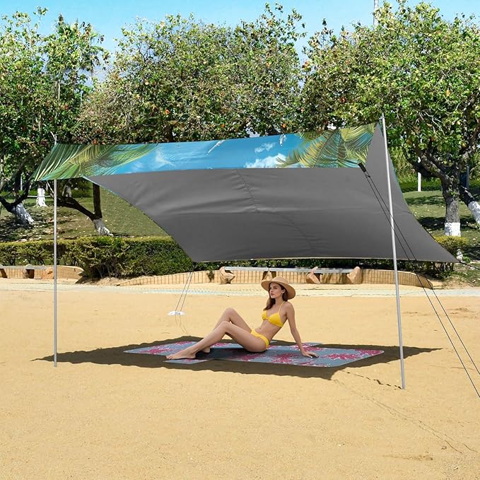 Beautiful Beach Scene Beach Tent Sun Shelter 9.2' x 10.5' Beach Canopy with 4 Sandbags 4 Stability Poles Sand Shovels - Tent Canopy for Beach Camping Fishing Picnics