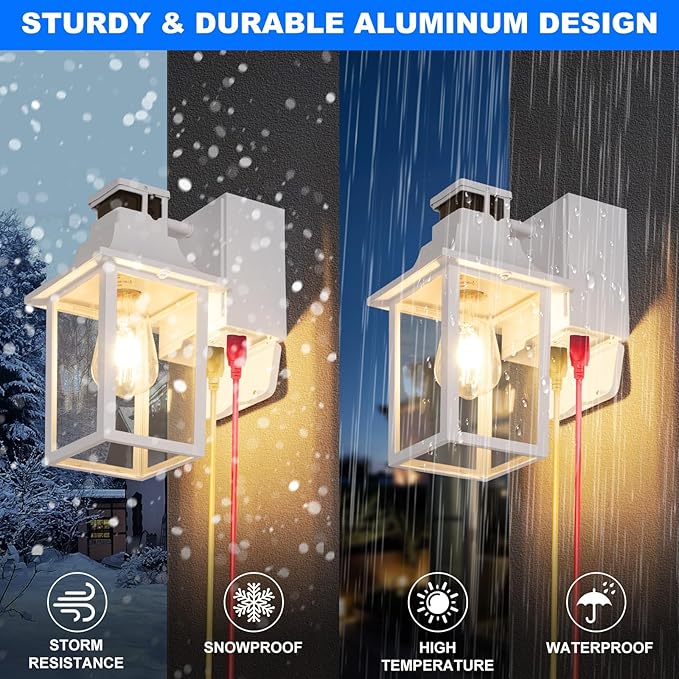 Porch Light with GFCI Outlet Dusk to Dawn Motion Sensor Outdoor Light 3 Light Modes Exterior Light Fixture Waterproof Outside Wall Light for House Patio Garage（White）
