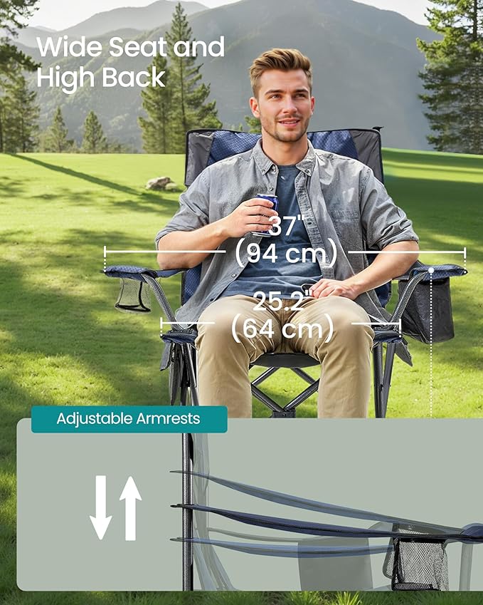 SONGMICS Camping Chair Folding Oversized Chair Comfortable and Heavy-Duty 352 lb Weight Capacity Adjustable Armrests with Cooler Bag Storage Bag Breathable Mesh Bijou Blue UGCB060Q01
