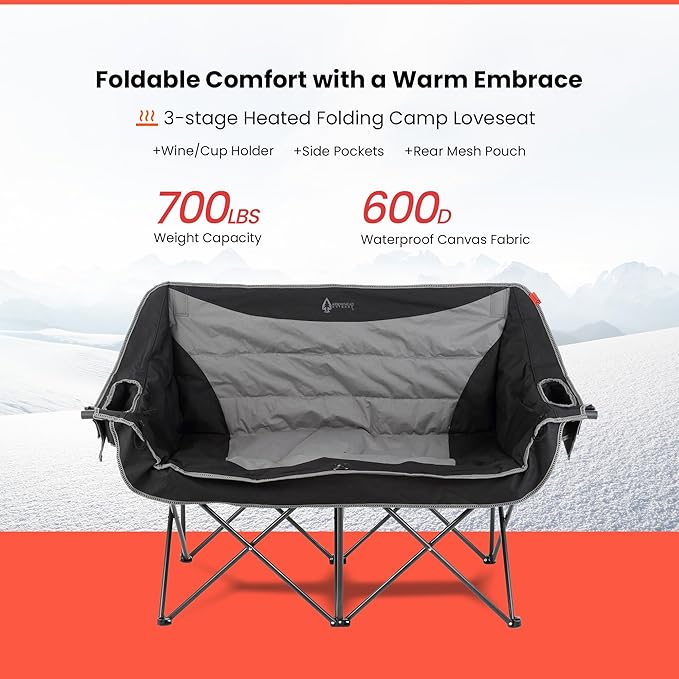 ARROWHEAD OUTDOOR 57 Wide Duo Foldable Heated Camping Loveseat Chair with 3-Stage Heating Large Cup Holders Glass Holders Side Pockets and Storage Pouches