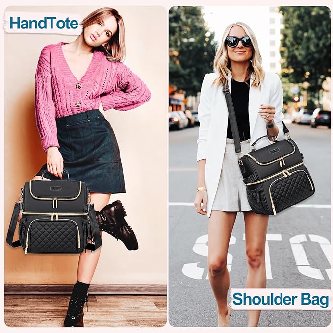 Lunch Bags for Women Dual Compartment Lunch Box Lunch Bag for Work Leakproof Lunch Cooler Large Insulated Lunchbox for Adult for Women Men Lunchbag for Picnic Beach (Black)