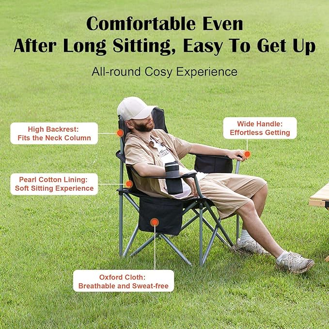 Oversized Camping Folding Chair Heavy Duty Outdoor Quad Lumbar Back Padded Arm Chairs with Side Pockets Cup Holder &amp Cooler Bag Portable Chairs for Beach Lawn Picnic Fishing Support 450 LBS