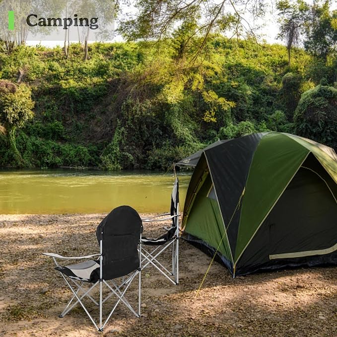 Portable Camping Chair with Back Support Folding Outdoor Padded Lawn Chair with Cup Holder Storage for Hiking Lawn Concert Fishing Iron Frame 600D Fabric