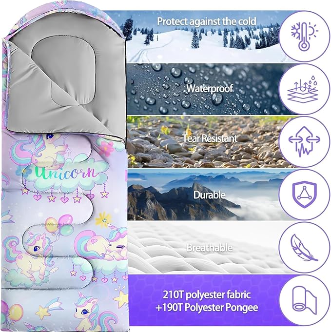 Sleeping Bags for Adults Youth Kids3D Printing Camping Sleeping Bag for Girls Boys Lightweight Waterproof Cold/Warm Weather Sleeping Bag for 3 Seasons