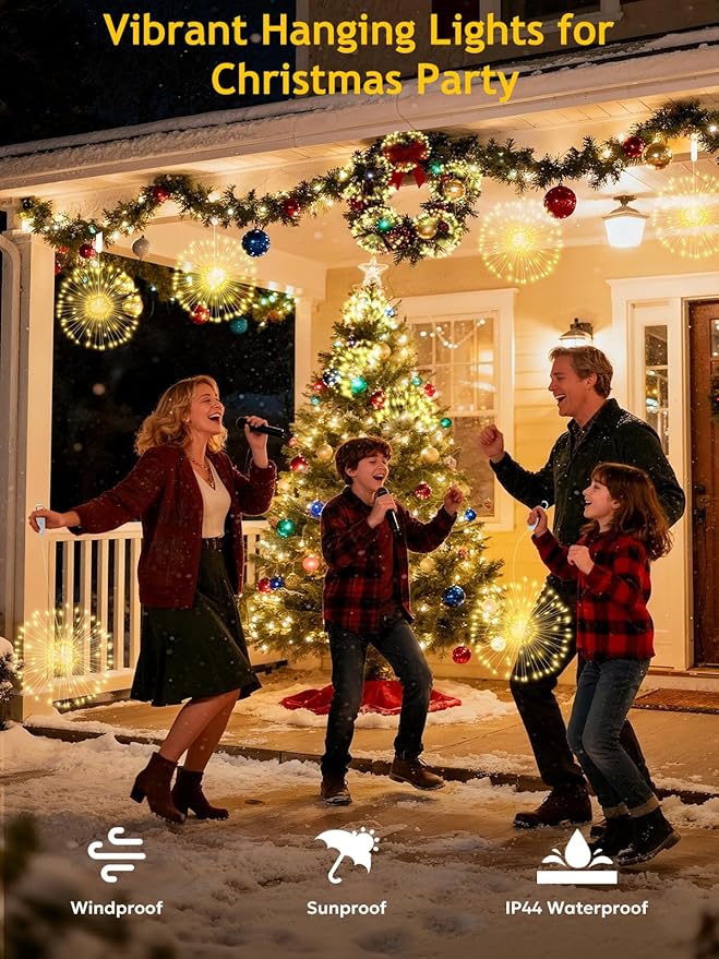 FOOING 8 Pack Firework Lights LED Hanging Christmas Lights 8 Modes USB Rechargeable Battery Operated Fairy Light with Remote Twinkle Star String Lights for Party Christmas Decoration Outdoor Indoor