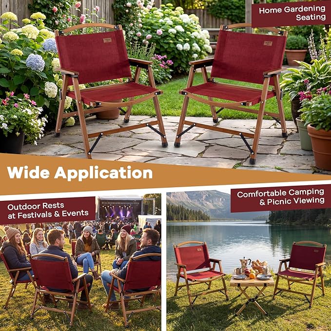 Giantex Folding Camping Chair Lightweight Outdoor Beach Chair with Breathable Fabric &amp Solid Bamboo Frame Portable Low Back Lawn Chair Supports 330 LBS for Patio Picnic Hiking Fishing Hunting