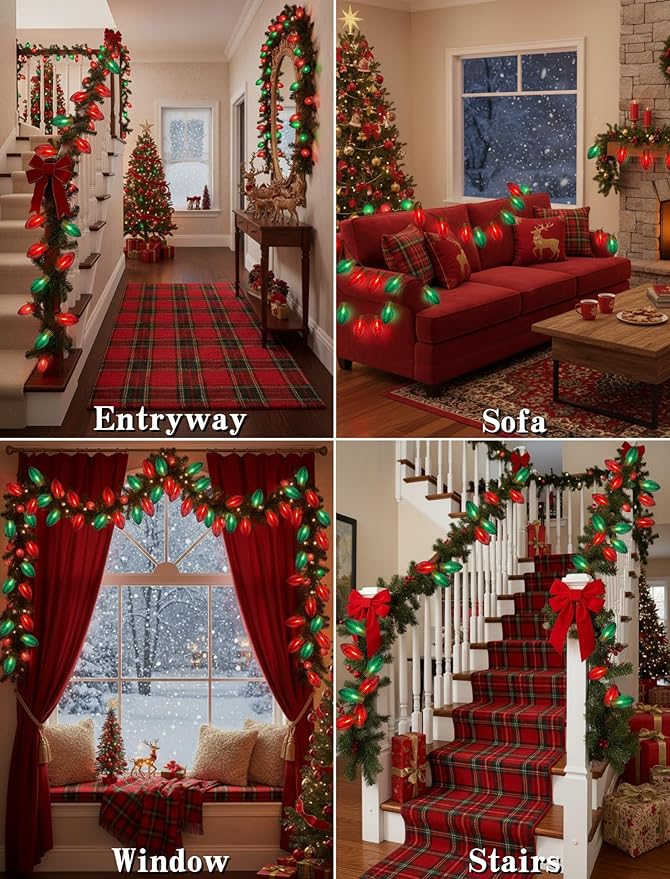 16FT Jumbo Red and Greeen Christmas LightsOutdoor Giant Christmas Decorations Lights with 10 LED Clear Red and Greeen Bulbs for Tree Holiday Home Roof Yard Garden Decorations