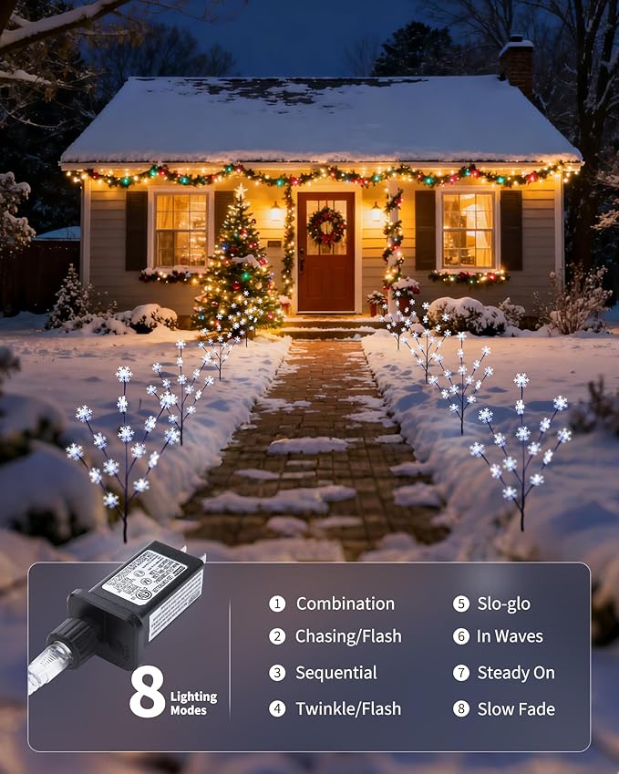 Brightown Snowflake Lights Outdoor Pathway 8 Packs Lighted Branches Christmas Yard Decor Small Tree with Lights Twig Branch Outdoor Christmas Decorations Pure White