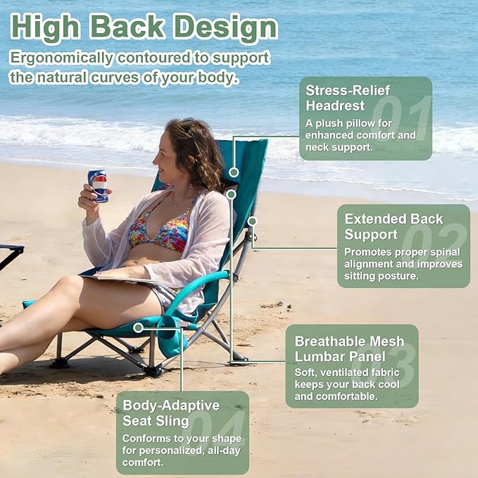 Romswi High Back Beach Chair Compact Lightweight Low Seat Camping Chair Fits in Suitcase 400lbs Heavy Duty Oversized Backpack Chair with Cup Holder &amp Storage Bag Green