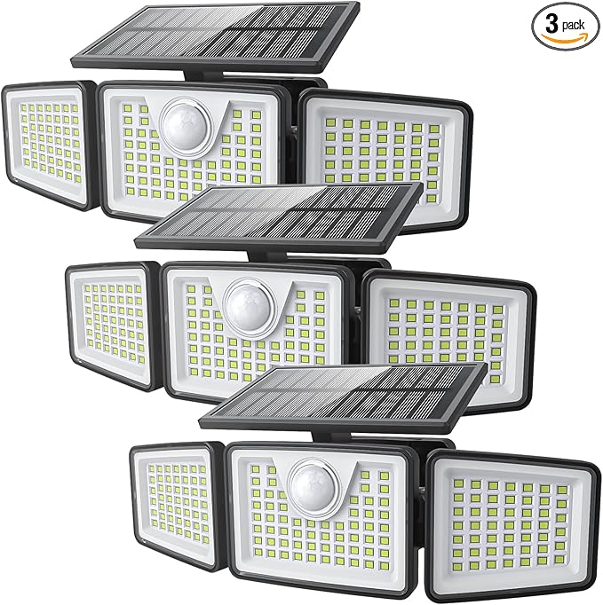 2500LM Solar Lights Outdoor with Motion Sensor3 Head 270° Wide Angle Street Area LightsIP65 Waterproof Security Lighting with 3 Modes(Remote3 Pcs)
