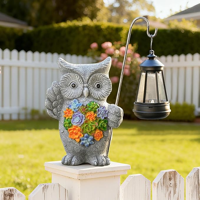 Solar Owl Garden Statue with Succulent Decor &amp Hanging Lantern – Outdoor Resin Decor for Patio Yard Balcony – Unique Gift for Women Gardeners