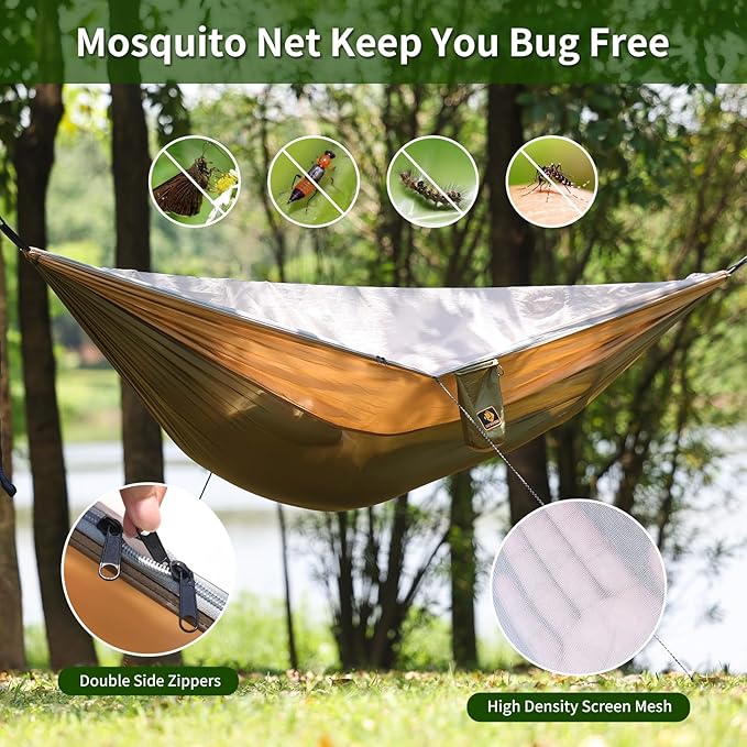 Camping Hammock Portable Hammocks with Mosquito NetLightweight Nylon Parachute Hammock with 10ft Tree StrapsCamping Gear Must Haves for Travel Hiking Backpacking Beach Patio-Green&ampKhaki