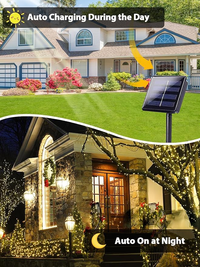 6 Pack 600 LED Solar String Lights for Outside Solar Christmas Lights Outdoor with 8 Lighting Modes Waterproof Green Wire Solar Powered Tree Light for Xmas Party Yard Garden Decorations (Warm White)