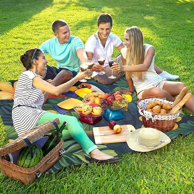 Waterproof Sandproof Beach Blanket 59''×68'' Animal Toucan Polyester Outdoor Picnic Blanket with 4 Stakes &amp Storage Bag for BeachCampingVacation