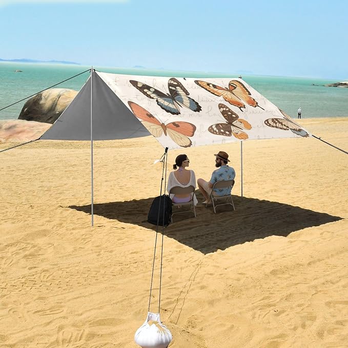 Retro Brown Butterflies Beach Tent Camping Sun Shelters Portable Outdoor Canopy Sun Shade for Camping Trips Fishing Backyard Fun or Picnics Easy Setup with Carrying Bag