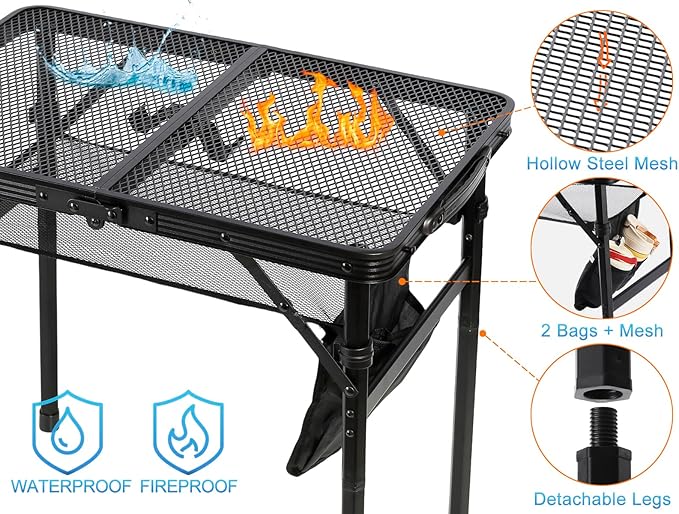 Small Floding Grill Table with Mesh Layer 2 Height Adjustable Portable &amp Lightweight Metal Camping Table for Outdoor Beach &amp BBQ - Compact (2 FT Black)