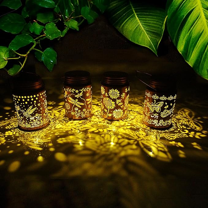 4pack Solar Outdoor Mason Lanterns Hummingbird Butterfly Dragonfly Sunflower Garden Decor LED Light Hanging Waterproof Metal Lanterns for Patio Pathway Yard (Art Deco 4pack)