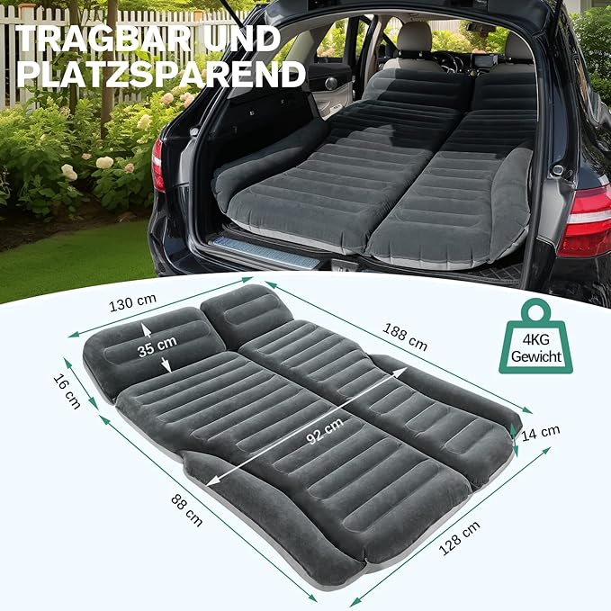 KMZ SUV Air Mattress Double Sided Thickened Flocking Car Bed – Portable Inflatable Mattress Pad for Camping &amp Travel with 2 Pillows &amp Electric Pump (Green+Light Gray)