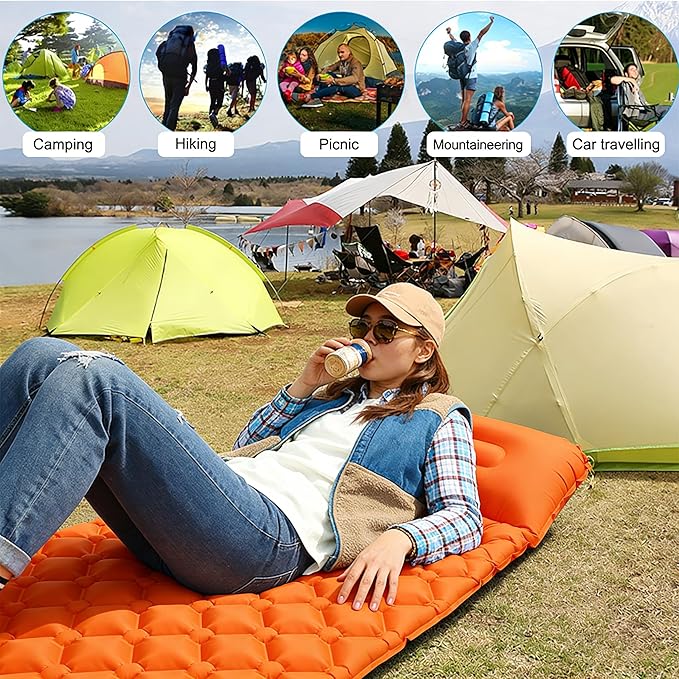 SNZ Camping Sleeping Pad Ultralight Camping Mat with Pillow Built-in Foot Pump Inflatable Sleeping Pads Compact for Backpacking Tent Travel Outdoor Activities (Single)