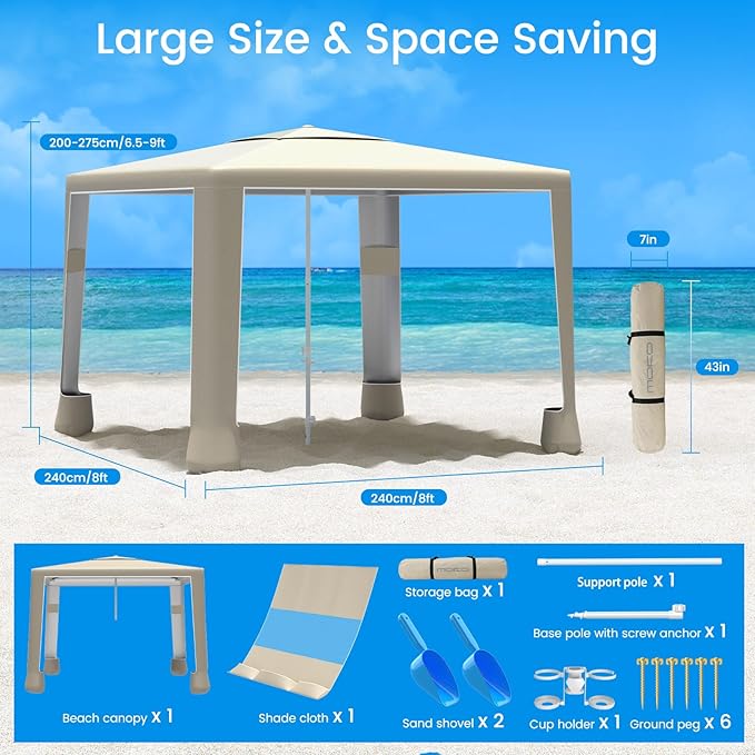 MoKo Beach Cabana 8'×8' Large Beach Canopy with Side Wall UPF 50+ Protection Easy Setup Beach Tent Sun Shelter Adjustable Height Wind Resistant Cabana Beach Tent for Whole Family Khaki