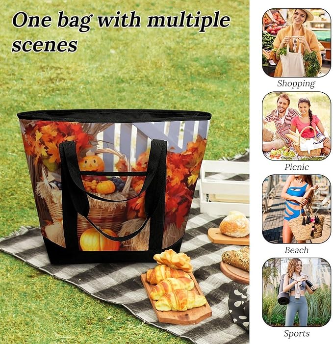 Insulated Shopping BagLarge Reusable Cooler Bags Autumn Thanksgiving Printed Foldable Shopping BagTravel Waterproof Shoulder Bag