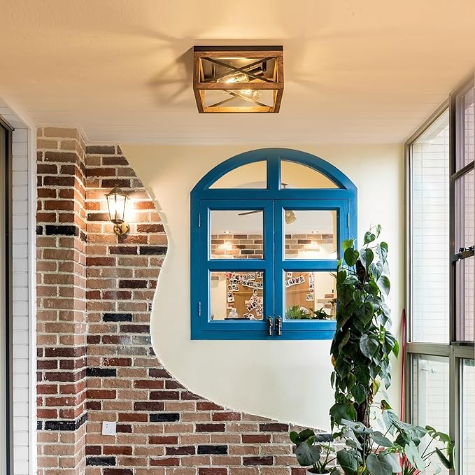 Flush Mount Ceiling Light Fixture for Kitchen Hallway 2-Light Close to Ceiling Light with Black Metal and Wood Design Rustic Farmhouse Ceiling (Bulb not Included)