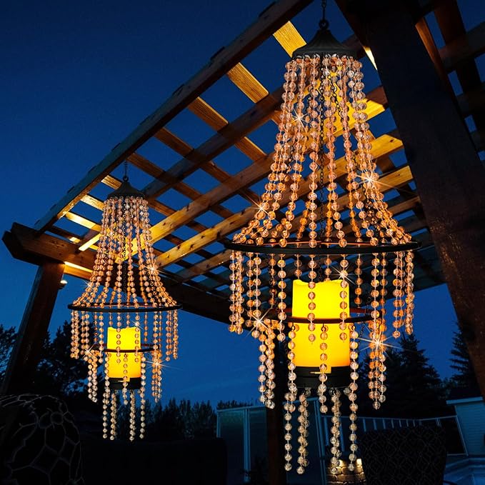 Hanging Candle Lantern Outdoor 28” Battery Operated Modern Clear Acrylic Crystal Chandeliers with Flickering Yellow Led Candle Light S Hooks for Garden Backyard Gazebo Room Indoor Indoor Decor