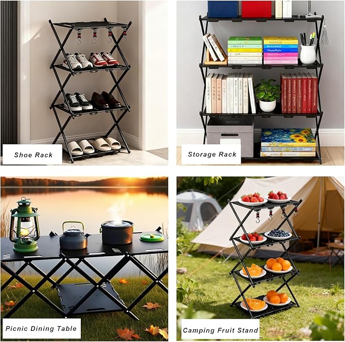 Folding Camping Table Portable Multi-Functional 4-Tier Picnic Rack Carbon Steel 37 with Storage Bag and 4 Hooks Indoor Outdoor Heavy Duty Portable for Picnic Party Camping