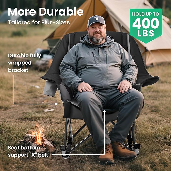 Oversized Rocking Camping Chair for Adults 400LBS Capacity Foldable Outdoor Rocker with Padded Seat Cup Holder Portable Camp Chair for Camping Backyard Patio Beach (Dark Black 2 PCS)