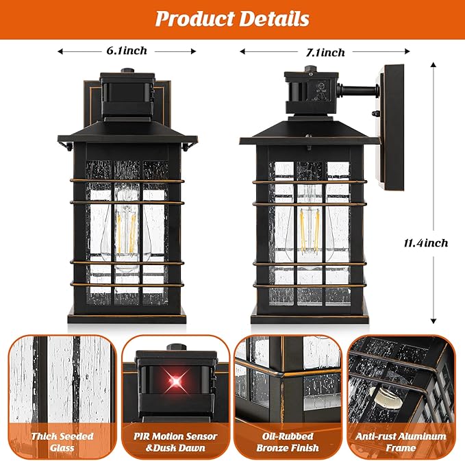 Motion Sensor Outdoor Light Fixture Wall Mount Dusk to Dawn Oil-Rubbed Bronze Waterproof Outside Porch Light with E26 Base Anti-Rust Exterior Wall Lantern with Bubble Glass for House Garage Garden