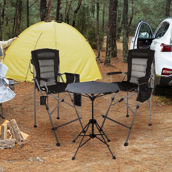 Extra Tall Folding Chairs &amp Adjustable Height Folding Table Set Portable Outdoor Bar Table &amp Foldable Director Chairs with Makeup Pocket for BackyardBeachTravel with Storage Bag