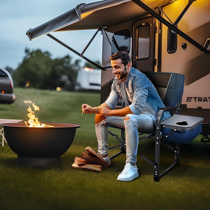 LET'S CAMP Oversized Folding Director Chair Outdoor Heavy Duty Camping Chair with Side Table and Cooler Bag for Picnic Hiking Fishing Supports 350LBS