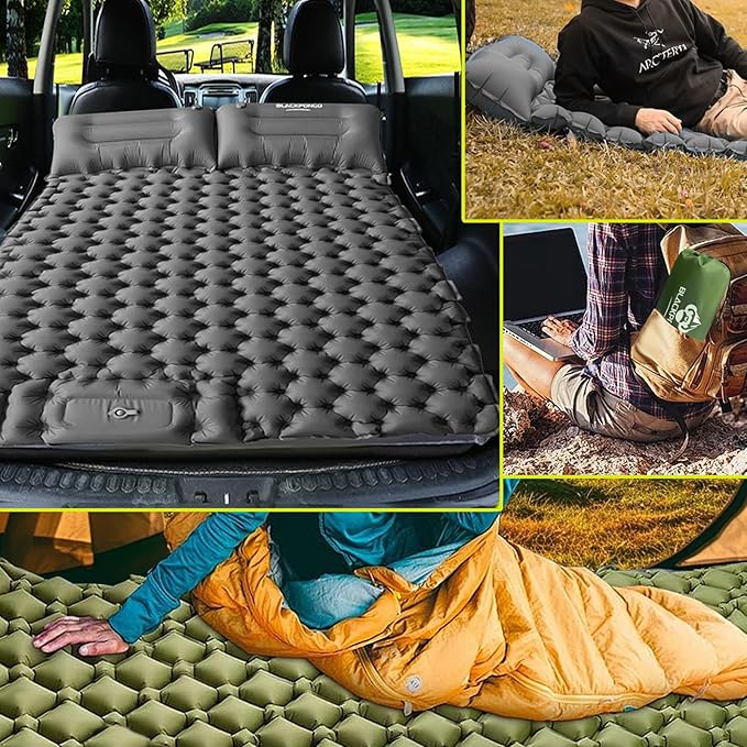 Camping Sleeping Pad Ultralight Camping Mat with Pillow Built-in Foot Pump Inflatable Sleeping Pads Compact for Camping Backpacking Hiking Traveling Tent (Green Single)