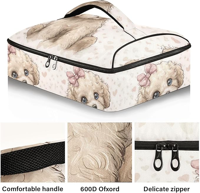 Casserole Carrier Beautiful DogInsulated Casserole Carrier for Hot or Cold Food Thermal Lunch Tote for Potluck Parties Picnic Beach Fits 9 x 13 Inches Baking Dish