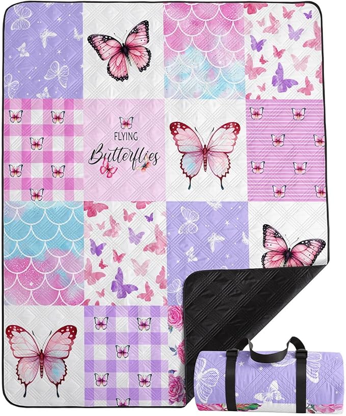 Outdoor Picnic BlanketPortable Sandproof Waterproof Picnic MatPink Checkerboard Butterfly Printed Camping Beach Mat for Sand and Wet Grass Hiking (Checkerboard L)