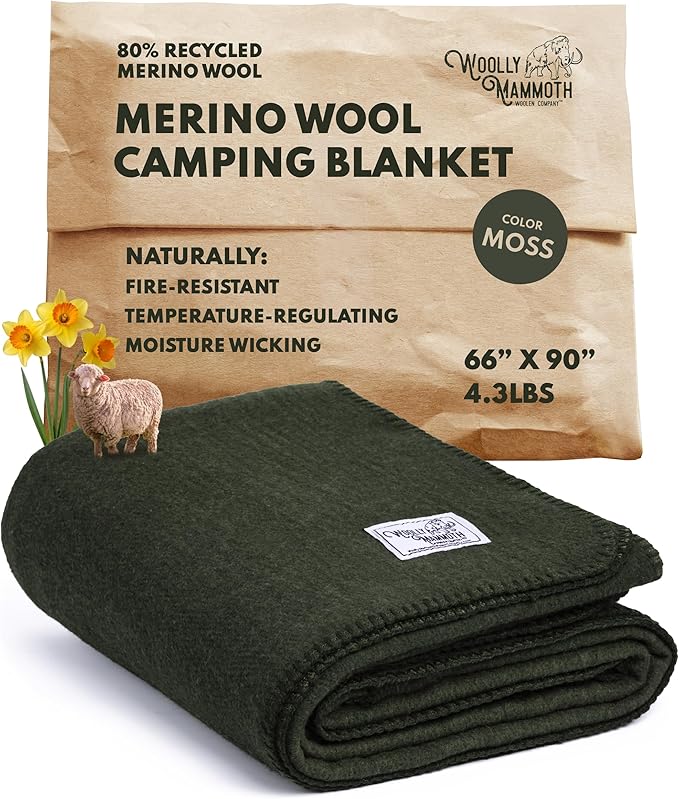 Woolly Mammoth Woolen Company Merino Wool Blanket - 80% Merino Wool - Camping Blankets for Cold Weather - Mositure-Wicking for Overlanding Hunting Emergency Kits Bushcraft (66 x 90 Moss)