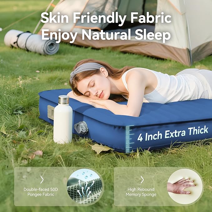 Sleeping Pad for Camping Self Inflating 4 Ultra-Thick Memory Foam Camping Mat with Built-in Electric Pump 9.5 R-Value Insulated Air Mattress Sleeping Pads for Car Travel Tent Cot