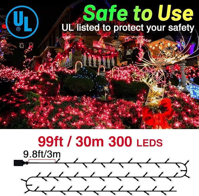 KNONEW Outdoor Christmas Lights 300 LED 99ft String Lights 8 Modes &amp Memory Fairy Light Plug in Waterproof LED String Lights for Xmas Yard Tree Wedding Party Holiday Decorations (Red)