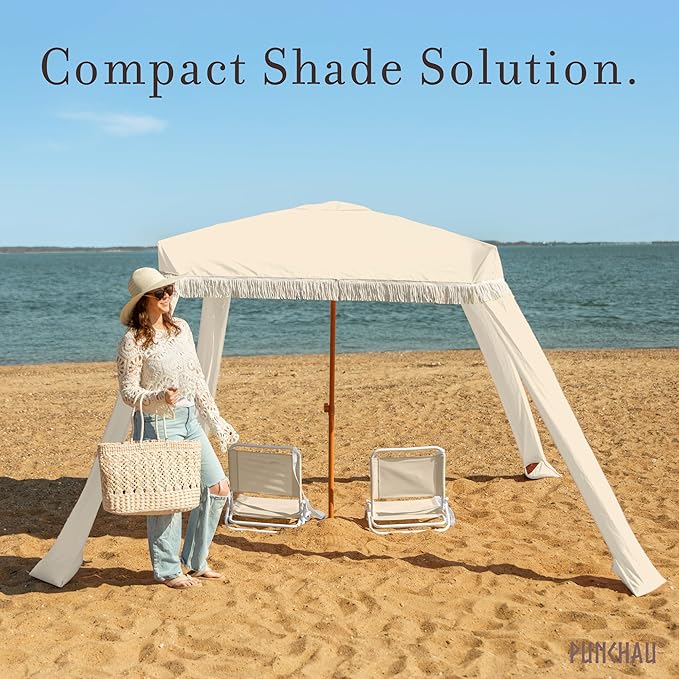 Beach Cabana with Fringe - 6x6 Ft. Boho Beach Canopy Umbrella Tent Portable Umbrellas for Sand with Carry Bag &amp Sandbag Pockets Instant Sun Shade Canopy Tent for Beaches &amp Backyards