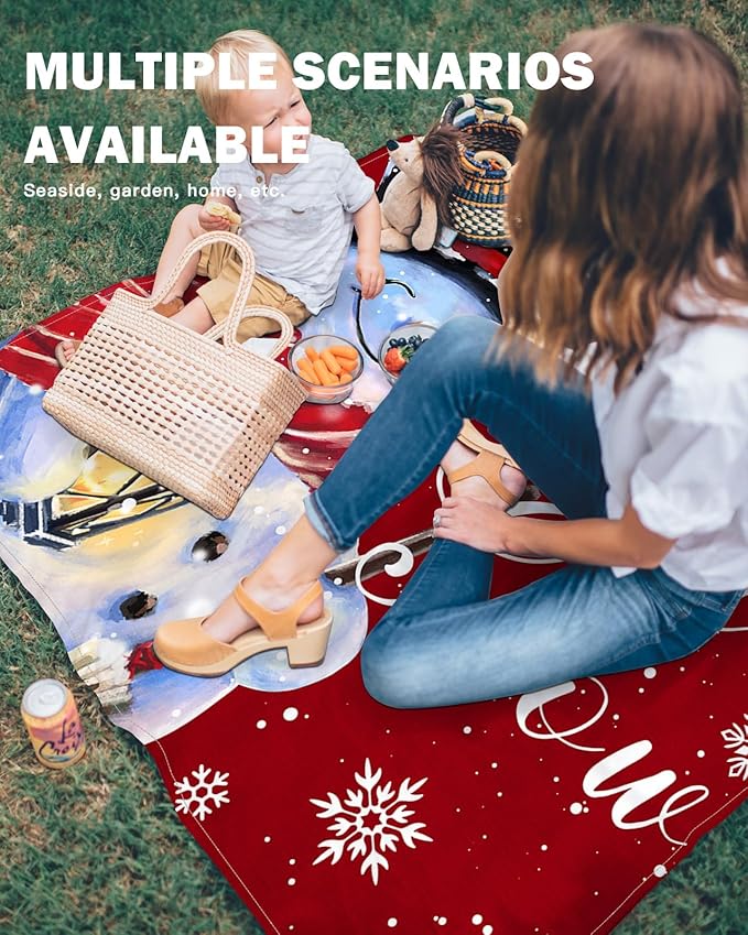 Beach Blanket Waterproof Sandproof Christmas Snowman with Red Bird Quick Drying Beach Mat with 4 Stakes Winter Snowflake on Red Lightweight Picnic Blanket for Travel Camping Outdoor 83x79
