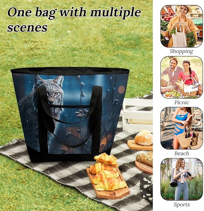 Insulated Shopping BagLarge Reusable Cooler Bags Female Lynx Printed Foldable Shopping BagTravel Waterproof Shoulder Bag