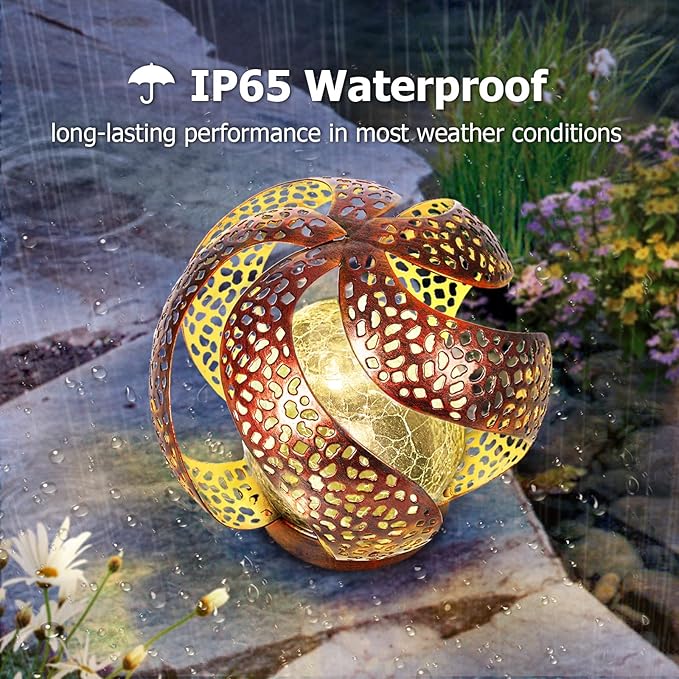 Solar Lights Outdoor - Ramadan Decor for Outside Garden Hollow Light With Glass Globe Lantern Gardening Gifts for Women Mom Pathway Balcony Tabletop Decoration