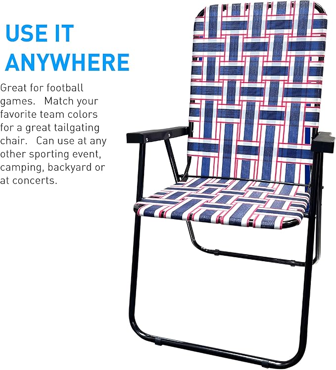 Lawn Chair Folding Steel Webbing Chaise Patio Lounger Seat Wood Handles Great for Camping Beach Fishing Backyard Stadium Pool Boating and Sports 2 Pack Blue/Red