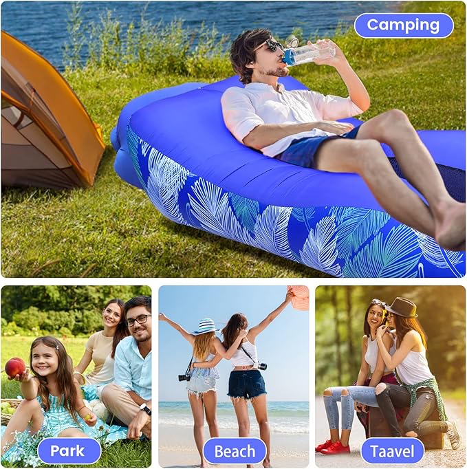 ele ELEOPTION Outdoor Inflatable Camping Couch Waterproof Portable Blow Up Air Sofa Chair Lounger for Backyard Beach Traveling Camping with Compression Sacks (Blue Feather)